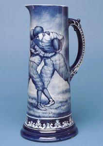 Großer Belleek-Krug mit Rugby-Szene (Keramik)