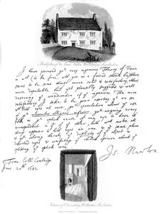 Ein Brief von Isaac Newton und ein Blick auf seinen Geburtsort in Woolsthorpe, Lincolnshire, 1682, 1840 von Isaac Newton