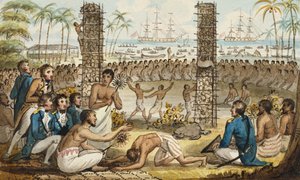 Kapitän Cook auf der Insel Otaheite, Illustration aus "Die Reisen des Kapitän Cook"