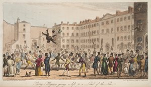 Surrey Collegians geben einem Gesetzesvertreter eine Mitfahrgelegenheit, aus The English Spy, veröffentlicht 1824