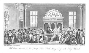 Bekannte Charaktere im Pump Room, Bath, trinken einen Schluck mit König Bladud, 1825
