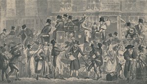 Vor dem White Horse Cellar, Piccadilly, 1821, 1920. Künstler: Isaac Robert Cruikshank, George Cruikshank von Isaac, Robert and George Cruikshank
