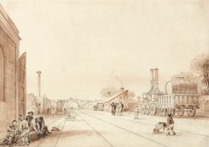 Ansicht der Liverpool und Manchester Eisenbahn mit der Lokomotive "Twin Sisters" auf einem Abstellgleis