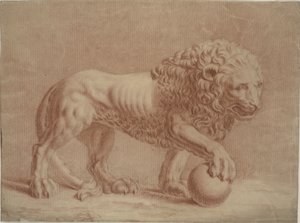 Löwe nach rechts gewandt mit seiner rechten Pfote auf einem Globus von Isaac Taylor
