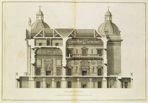 Houghton Hall: Querschnitt der Halle und des Salons, graviert von Pierre Fourdrinier, 1735