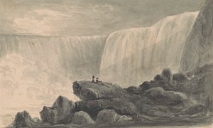 Ansicht der Niagarafälle mit zwei Figuren, die auf einem Felsen im Vordergrund sitzen