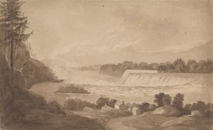 Ansicht der Niagarafälle mit den Fällen im Hintergrund, rechts, und Landschaft mit Häusern im Vordergrund von Isaac Weld