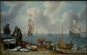 Fischer mit Fang am Strand, Kriegsschiffe in einer Bucht