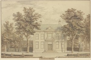 Gartenanlage mit Taxushecke und einem Haus zwischen zwei Bäumen von Isaac de Moucheron
