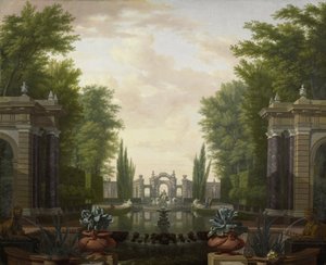Wassertreppe mit Statuen und Brunnen in einem Park