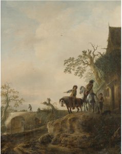 Landschaft mit Reitern, die an einem Gasthof Halt machen von Isaac van Ostade