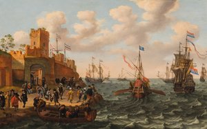 Ein niederländischer Dreimaster und eine päpstliche Galeere mit anderen Schiffen entlang der Küste einer befestigten Stadt, ca. 1662 von Isaak Willaerts