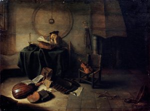 Melancholie II Wissenschaftler in seinem Studio, niederländisches Gemälde des 17. Jahrhunderts von Isaak de Jouderville