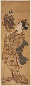 Der Schauspieler Onoe Kikugoro I hält eine Puppe des Schauspielers Sanogawa Ichimatsu I von Ishikawa Toyonobu