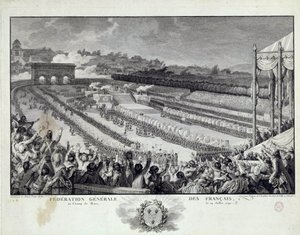 Französische Revolution: Ansicht des Festes der Generalföderation der französischen Departements auf dem Champs de Mars in Paris am 14.07.1791. Illustration von Isidore Helman von Isidore Stanislas Helman