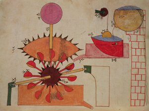 Diagramm eines Systems zum Pumpen von Wasser in ein Becken, aus dem Buch des Wissens über geniale mechanische Geräte von Al-Djazari, 1206