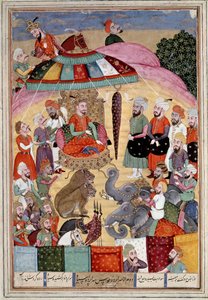 Islamische Kunst: „Sohrab vor dem Zelt des Königs“. Persische Miniatur aus einem Manuskript des Epos „Shahnameh“ (Buch der Könige) von Ferdowsi (ca. 940-1020)