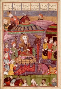 Islamische Kunst: Sohrab betrachtet das rote Zelt von Rostame, seinem Vater Persische Miniatur aus einem Manuskript des epischen Gedichts „Shahnameh“ (Buch der Könige) von Ferdowsi (ca. 940-1020)