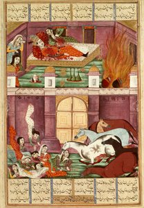 Islamische Kunst: Der Tod von Firoud und seiner Mutter Djerireh. Persische Miniatur aus dem Epos 