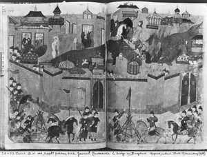 Die Mongolen unter der Führung von Hulagu Khan stürmen und erobern Bagdad im Jahr 1258, aus dem 
