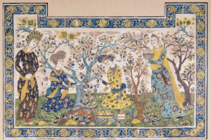 Wandtafel mit Figuren, die sich in einem Garten entspannen, aus dem Tschehel Sutun oder Pavillon der Vierzig Säulen, gebaut von Schah Abbas II. von Islamic School