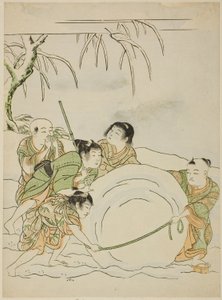 Fünf junge Jungen rollen einen großen Schneeball von Isoda Koryusai