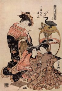 Japanische Kurtisane im Kimono beim Teetrinken