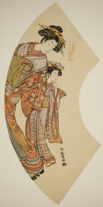 Die Kurtisane Hanaogi vom Ogiya und ihre Begleiterin, aus der Serie "Fächer des Ostens" von Isoda Koryusai