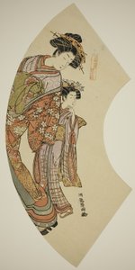 Die Kurtisane Hanaogi vom Ogiya und ihre Begleiterin, aus der Serie Fächer des Ostens von Isoda Koryusai
