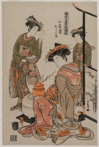 Die Kurtisane Karahama von Yamashiroya führt die Teezeremonie durch (aus der Serie Modelle für Mode: Neue Designs so frisch wie junge Blätter)
