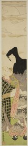 Frau mit schwarzer Kapuze spricht mit einem Jungen von Isoda Koryusai