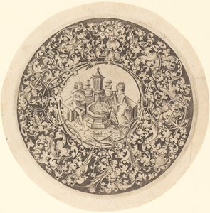 Rundes Ornament mit Musikern, die in der Nähe eines Brunnens spielen