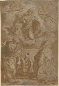 Heilige Barbara in Herrlichkeit mit den Heiligen Nikolaus und Hieronymus von Italian 16th Century