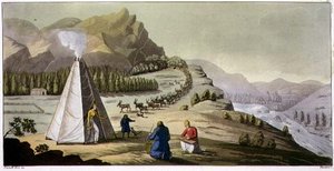 Eine lappländische Hütte oder achteckiges Zelt mit einer Herde Rentiere, die den Berg hinunterkommt, Tafel 47 aus 