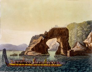 Ein befestigter Aussichtspunkt der Maori in Neuseeland, kombiniert mit einem Maori-Kriegskanu, 1820er-30er Jahre