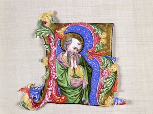 Ein betender Heiliger, eine große historiierte Initiale R, ca. 1400
