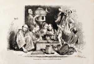 Eine kleine Party trinkt Sake, aus der italienischen Ausgabe von Tour du Monde, 1869
