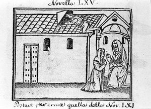Ein eifersüchtiger Ehemann verkleidet sich als Priester, um das Geständnis seiner ehebrecherischen Frau zu sammeln. Illustration zur Novelle 65 (Novelle 5 des siebten Tages) des „Decameron“ von Giovanni Boccaccio genannt Jean Boccaccio (1313-1375), italien