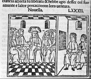 Eine Geschichte über die Liebe einer Nonne. Illustration zur Novelle 82 (Novelle 2 des neunten Tages) des „Decameron“ von Giovanni Boccaccio (1313-1375), italienischer Schriftsteller. Gravur in „Decamerone ouer Cento nouelle“ Venedig, Bartolomeo de 