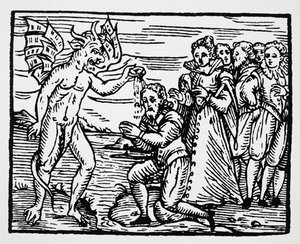 Taufe durch den Teufel, Kopie einer Illustration aus Compendium Maleficarum von Fr M Guaccius, Mailand 1608, verwendet in Geschichte der Magie, veröffentlicht Ende des 19. Jahrhunderts von Italian School