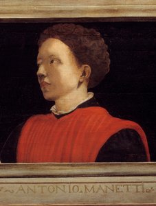 Cassone mit 5 Porträts des Meisters der florentinischen Renaissance, Detail mit dem Porträt von Manetti Rutilio di Lorenzo (1571-1639). Italienische Schule des 16. Jahrhunderts. Die Inschrift darunter ist wahrscheinlich nachträglich. Musée du Louvre, Paris von Italian School