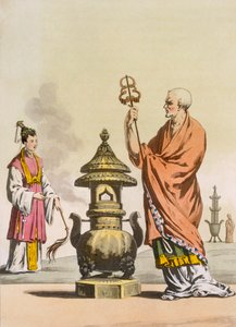 Chinesische taoistische religiöse Bräuche: Ein Bonze in zeremoniellen Gewändern, graviert von Fumagalli und Bramatti, ca. 1820-30 (Farbstich)