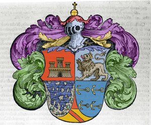 Wappen des Seefahrers Christoph Kolumbus (1451-1506): Die vier Teile des Schildes repräsentieren oben die Stadt Kastilien und León, unten die entdeckten Inseln und die Ankersymbole der Admiralität. Gravur aus dem Buch „Navigationi and Viaggi“