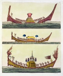 Cochin-chinesische Schiffe, Illustration aus Le Costume Ancien et Moderne von Giulio Ferrario, veröffentlicht ca. 1820er-30er Jahre