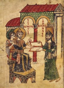 Abt Johannes bietet das Manuskript dem heiligen Benedikt an von Italian School