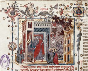 Codices Cavenses, Cod.25 f.181, Simon Magus, der Kaiser Nero und die Apostel, Miniatur aus Speculum Historiale, Teil I, von Vincent de Beauvais, ca. 1320 von Italian School