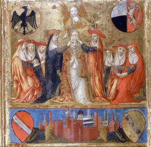 Krönung von Pius II. (Enea Silvio Piccolomini) (1405-1464). Italienischer Papst (1458-1464). Unten ist die befestigte Stadt Siena. Bicherna (Umschlag des Rechnungsregisters der Stadt Siena) von 1460. Nationalarchiv - Museo delle Tavolette de B