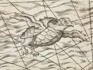 (Detail) einer fliegenden Schildkröte auf einer Karte von Nordeuropa, aus 