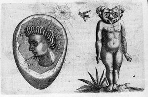 Verschiedene Arten von menschlichen Monstern: ein fossiler Mensch und ein Monster. Gravur aus „De monstrorum natura, causis et differentiis“ von Fortunio Liceti (1577-1656), italienischer Wissenschaftler. 1646