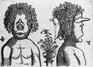 Verschiedene Arten menschlicher Monster: Gesicht und Gesicht eines Monsterkopfes. Stich aus „De monstrorum natura, causis et differentiis“ von Fortunio Liceti (1577-1656), italienischer Wissenschaftler. 1646